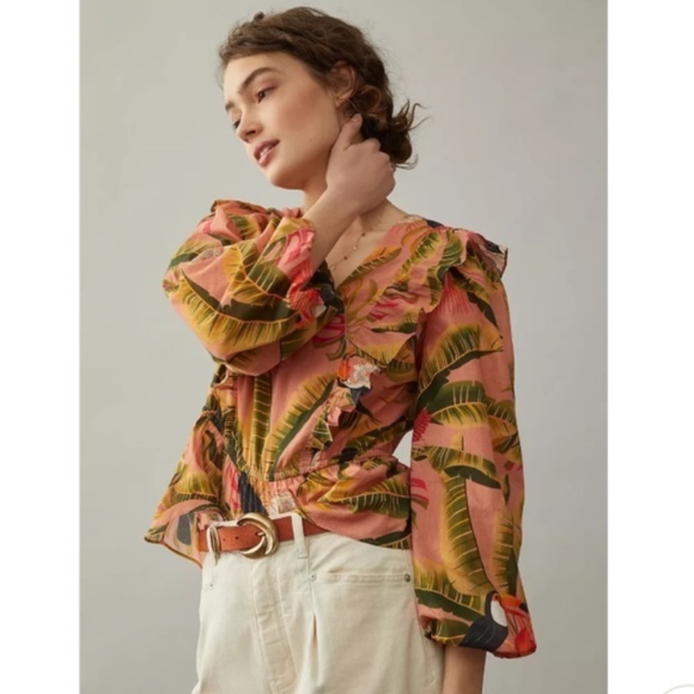 NWT Farm Rio Yasmine Ruffled Blouse Pink Combo Anthropologie Womens Top Tropical - Picture 3 of 14
